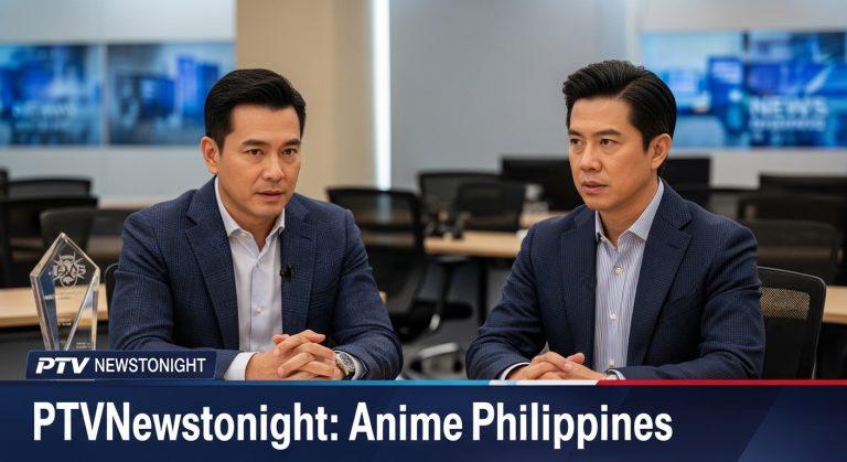 Editorial desk with anime headlines and Philippine skyline.