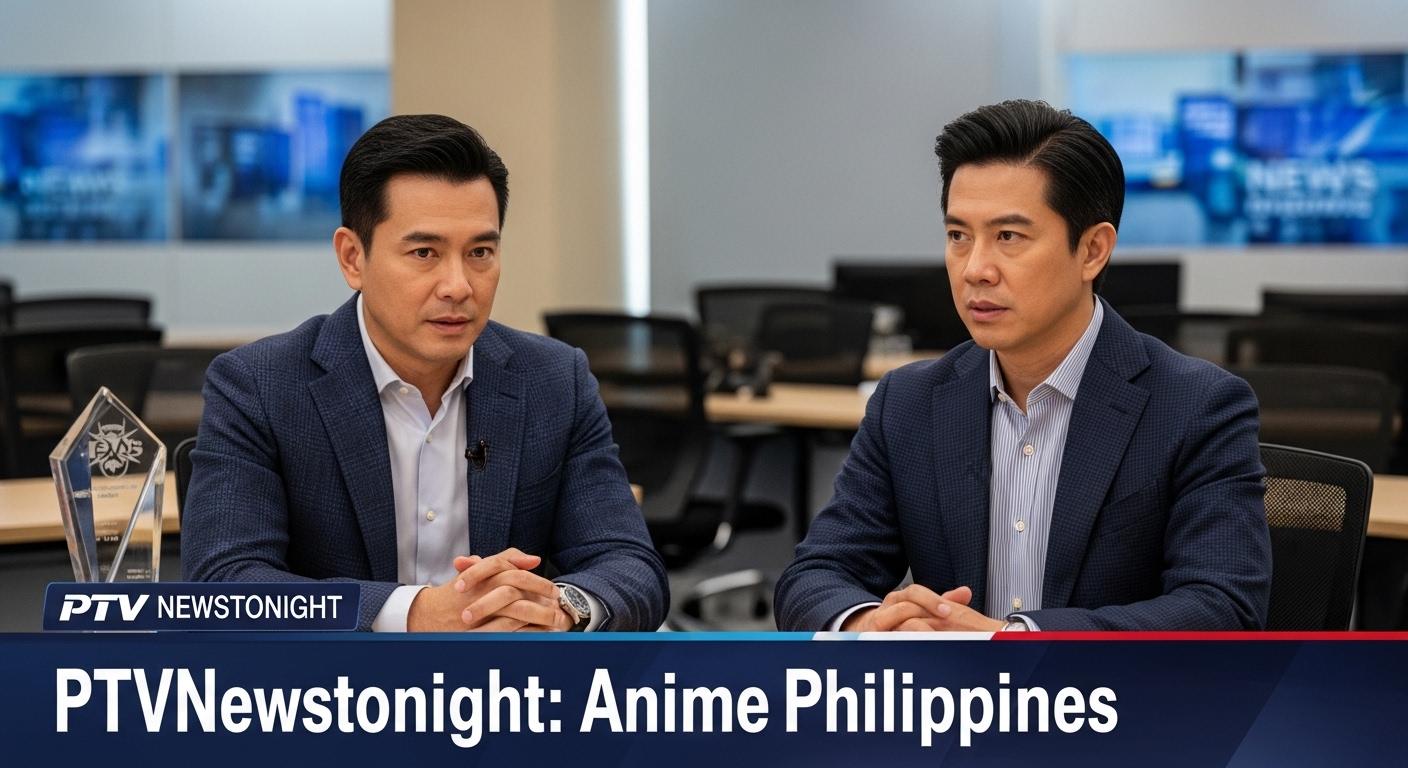 Editorial desk with anime headlines and Philippine skyline.