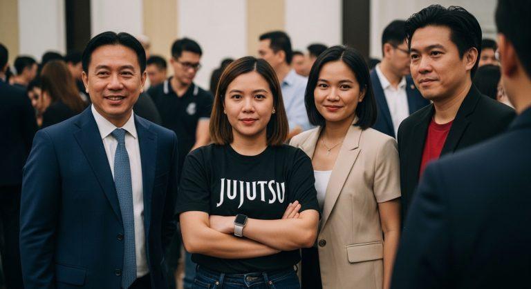 Filipino anime fans discussing jujutsu Kaisen-like trends in a vibrant city setting