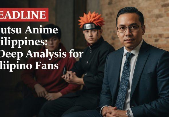 Filipino anime fans watching Jujutsu Kaisen on a streaming device with a Manila skyline at dusk.