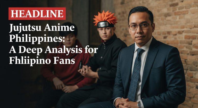 Filipino anime fans watching Jujutsu Kaisen on a streaming device with a Manila skyline at dusk.