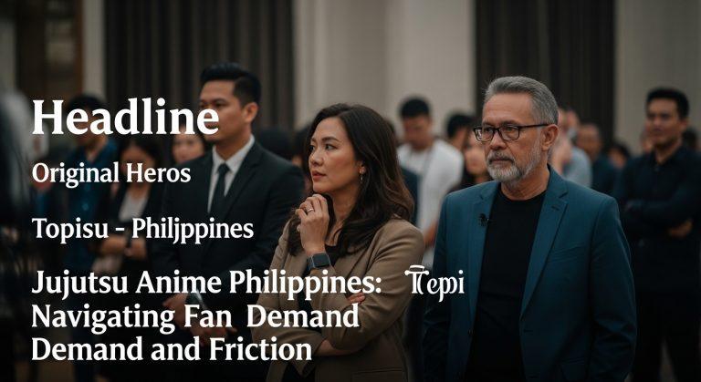 Filipino anime fans gathered around screens watching Jujutsu Kaisen with a Manila cityscape in the background
