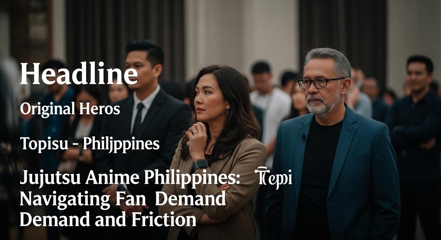 Filipino anime fans gathered around screens watching Jujutsu Kaisen with a Manila cityscape in the background