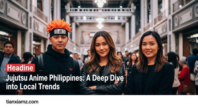 Filipino anime fans in a city at night, neon signs and posters celebrating jujutsu-themed anime