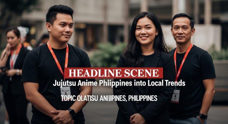 Filipino anime fans in a city at night, neon signs and posters celebrating jujutsu-themed anime