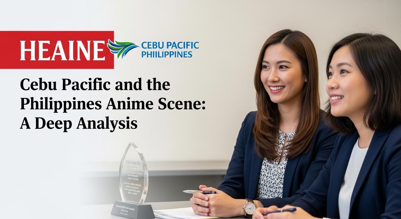 Editorial illustration of a Cebu Pacific plane flying over a Philippine city with anime-inspired silhouettes, conveying