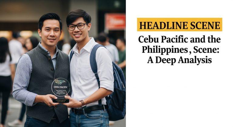 Editorial illustration of a Cebu Pacific plane flying over a Philippine city with anime-inspired silhouettes, conveying