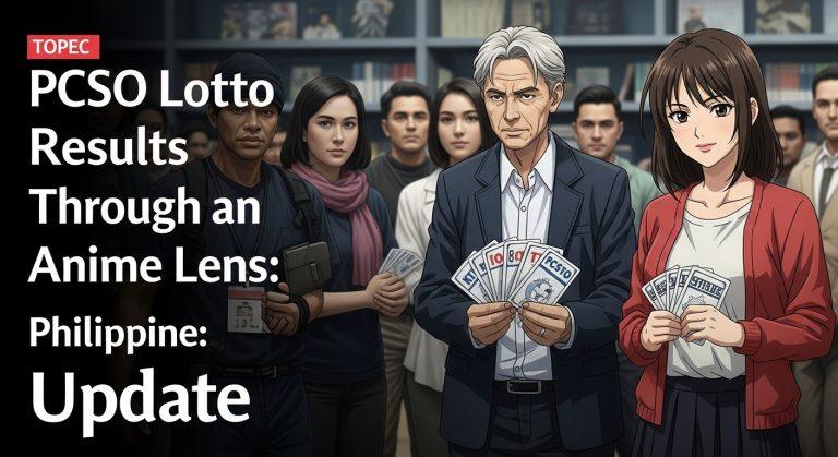 Anime-style scene of a lottery drawing with colorful numbers and excited fans, reflecting Philippine pop culture and Lot