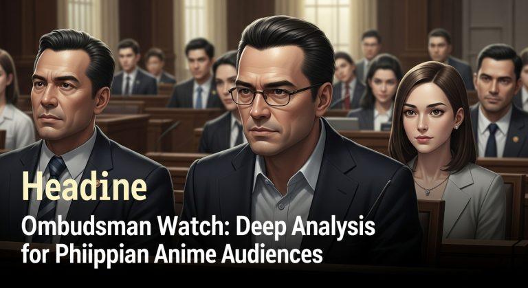 Anime newsroom scene featuring a writer at a desk with ombudsman and Philippine motif imagery.