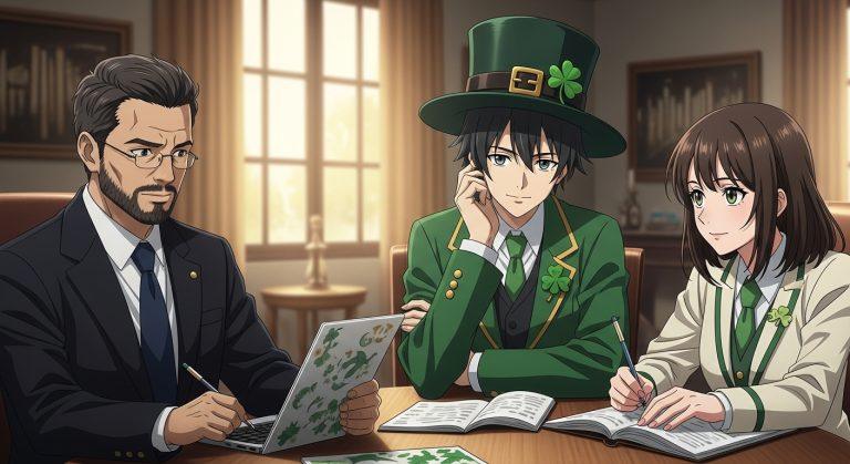 Editorial illustration of anime-inspired character beside Irish folklore motifs and a cityscape, representing St Patrick